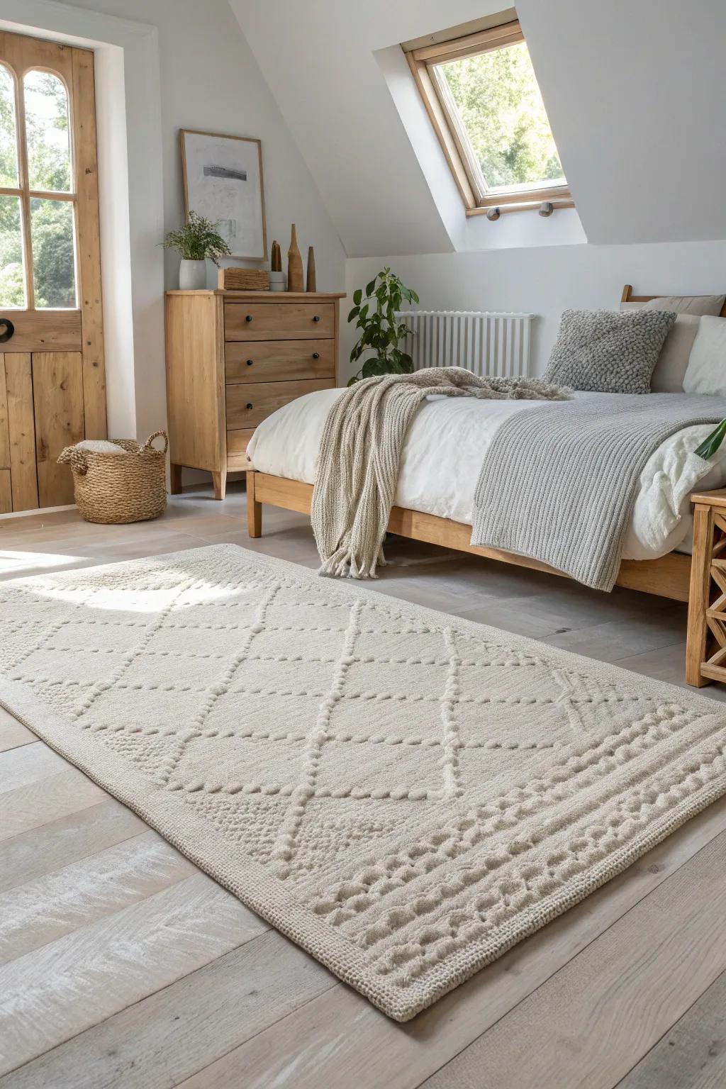 Wrap your space in warmth with a creamy textured rug that invites comfort and style into your bedroom.