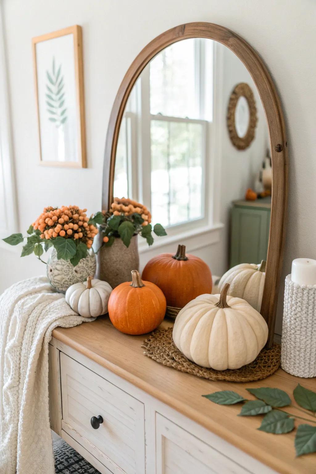 Celebrate the season with pumpkins that bring warmth and charm to your Halloween mirror setup.