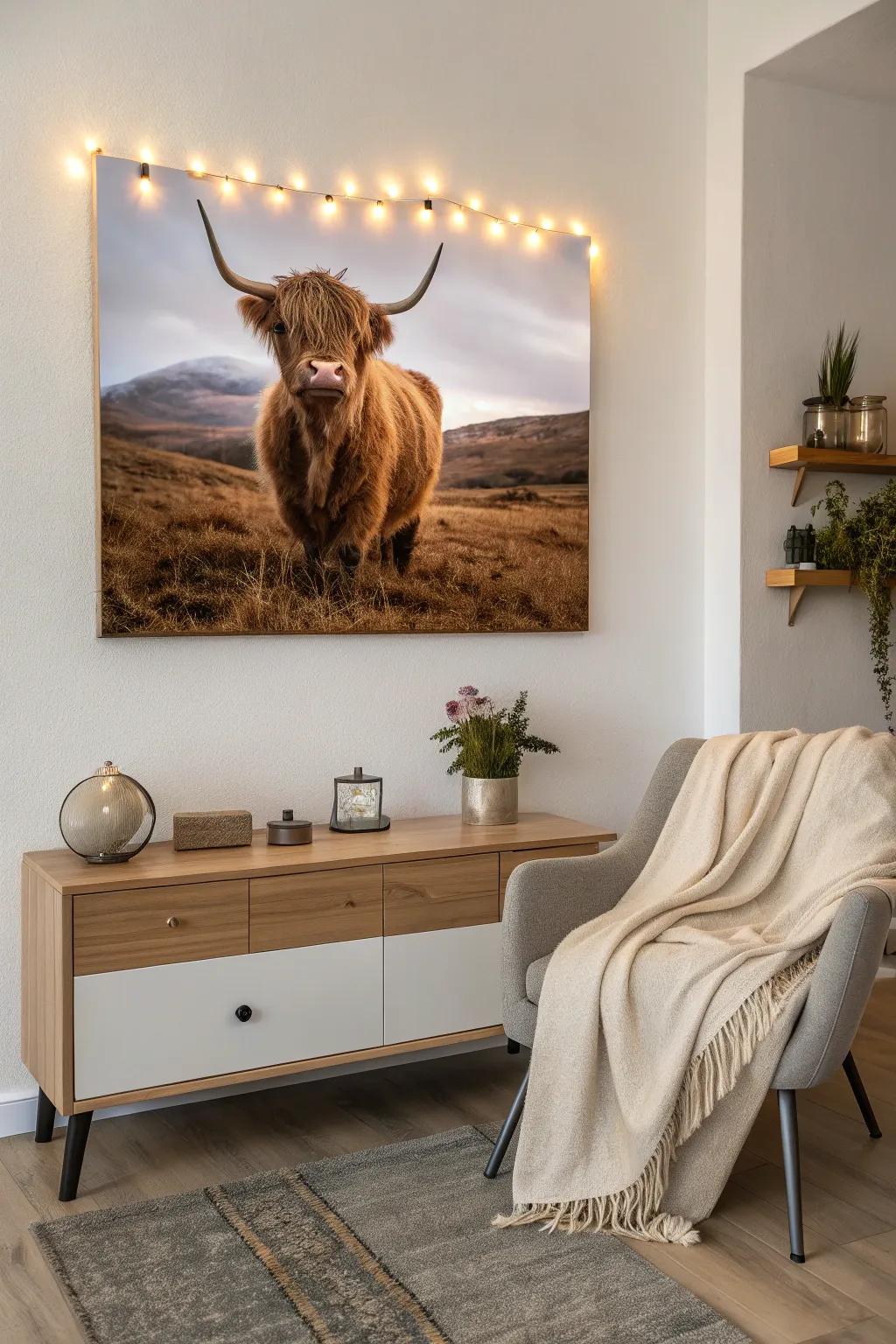 Illuminate your art with warm accent lighting for added depth and ambiance.