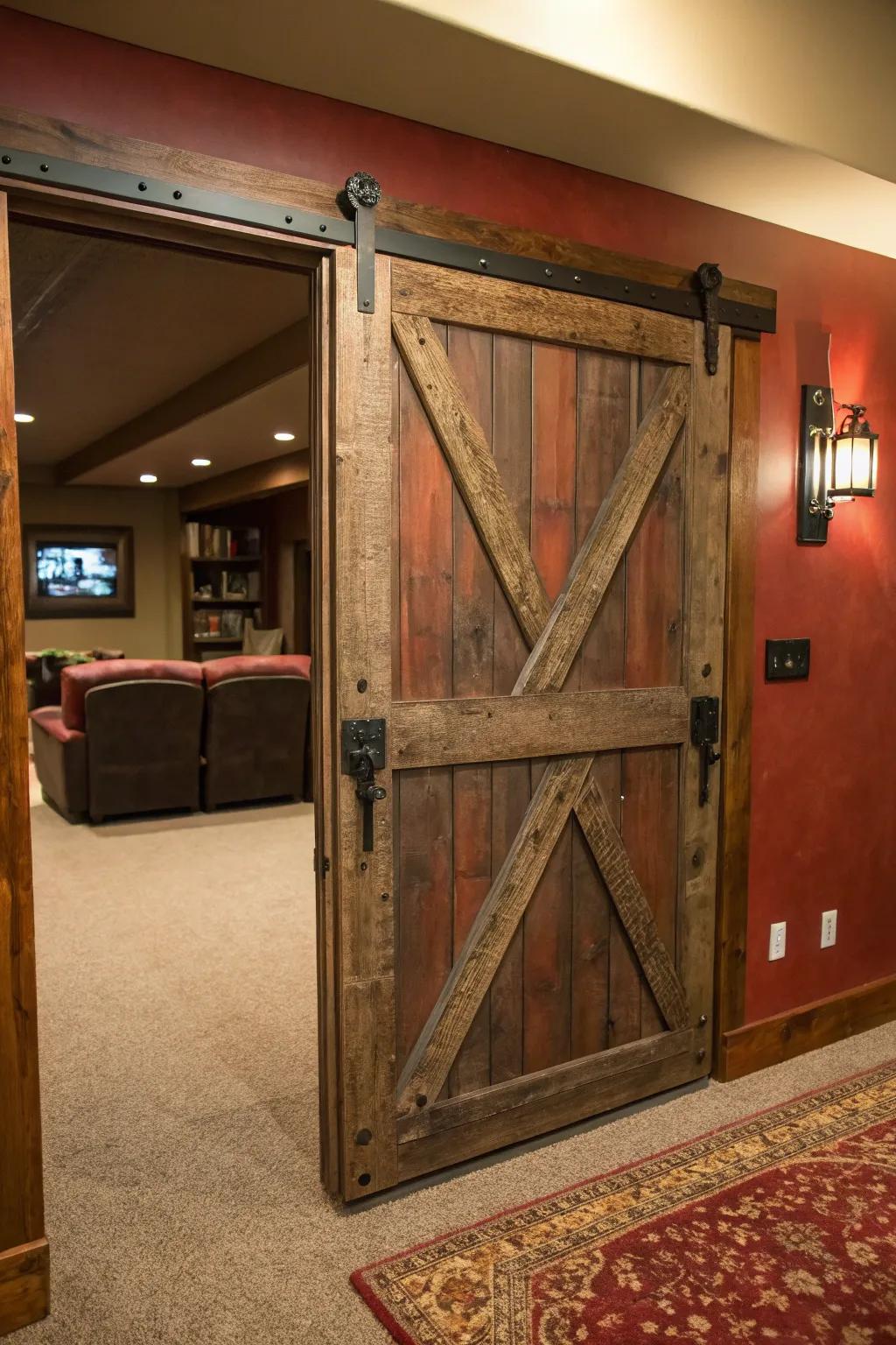 Embrace rustic elegance with a barn-style door that adds character to your home theater.