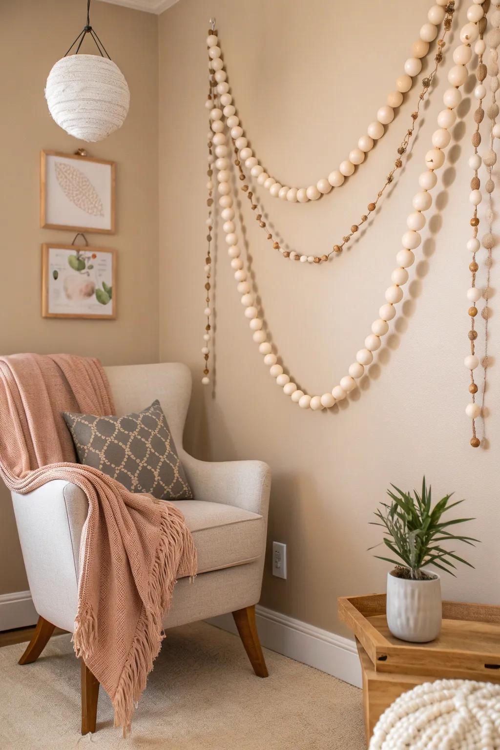 Transform blank walls into art with creatively hung wooden bead garlands.
