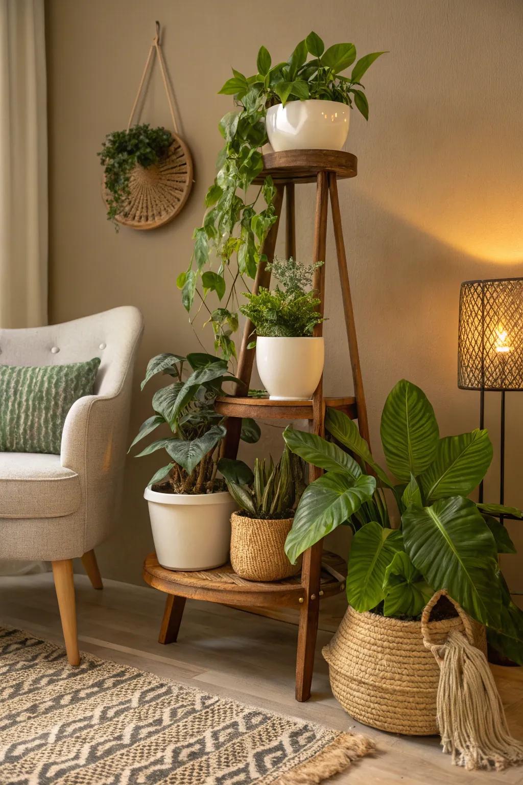 Create depth and interest with a tiered stand that showcases your plant collection.