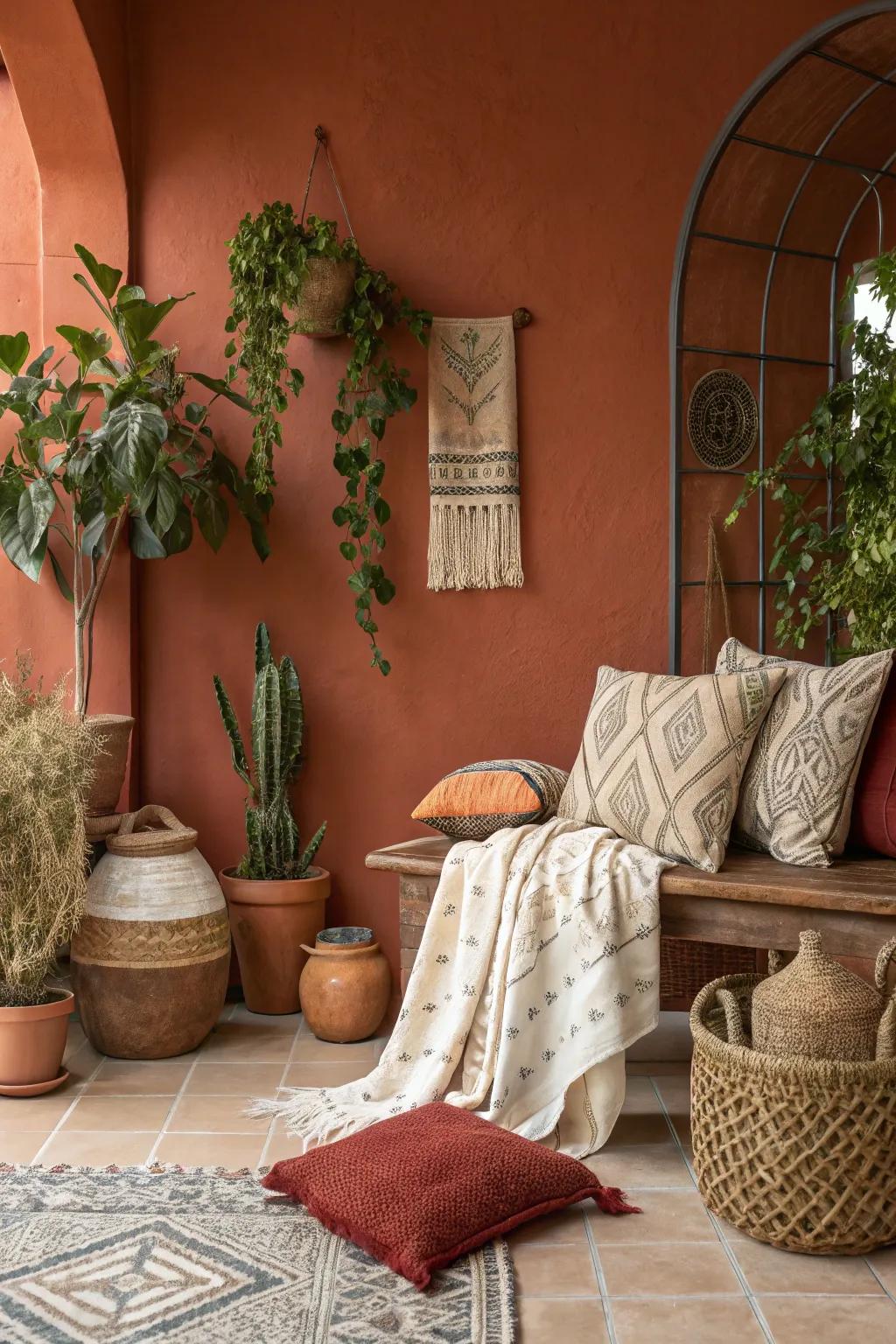Bring the warmth of the desert indoors with earthy tones and vibrant greenery. #DesertVibes #InteriorDesign #NatureInspired