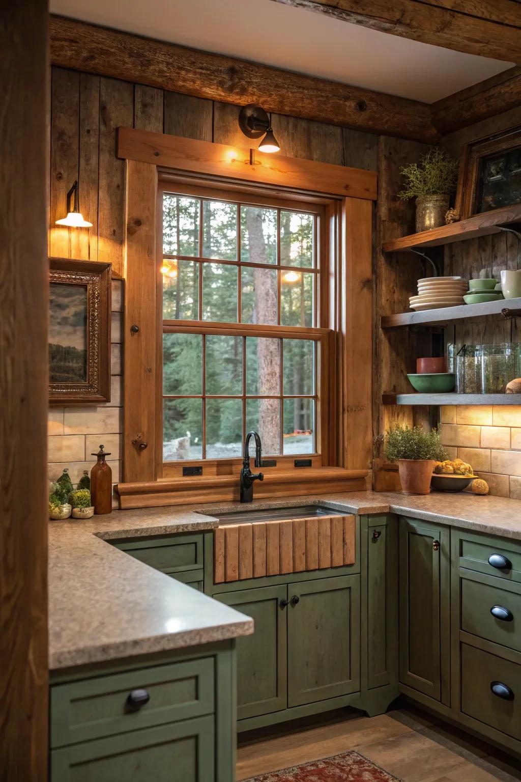 A rustic kitchen isn't complete without the charm of knotty pine trims. #RusticKitchens #CozyCooking