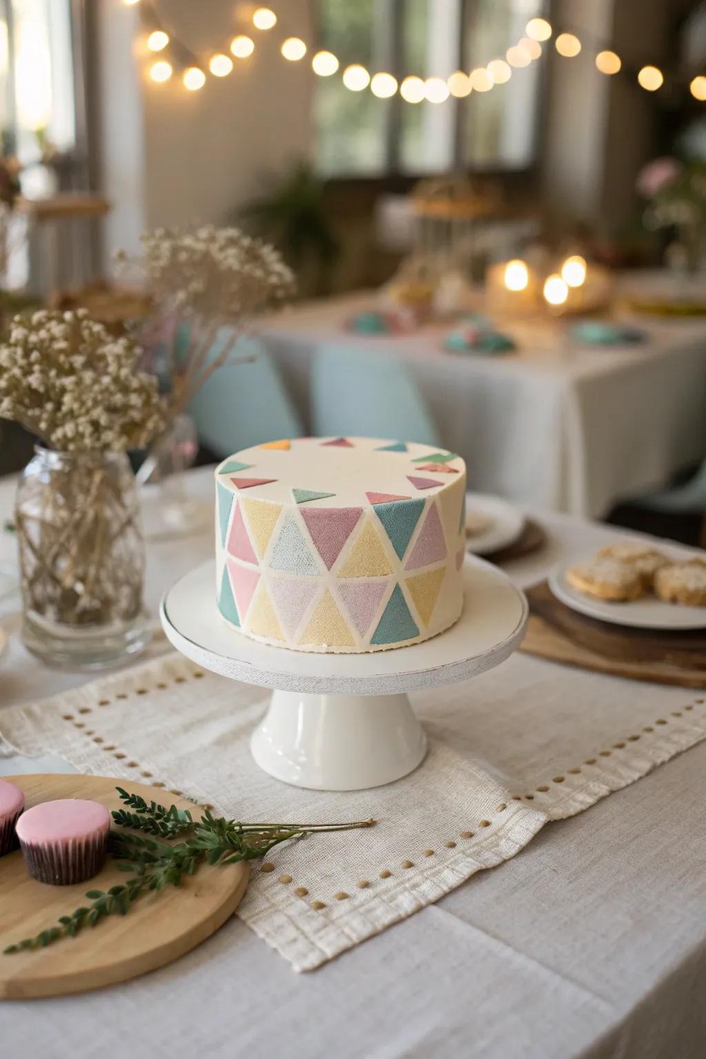 Geometric designs add a contemporary twist to traditional cakes.