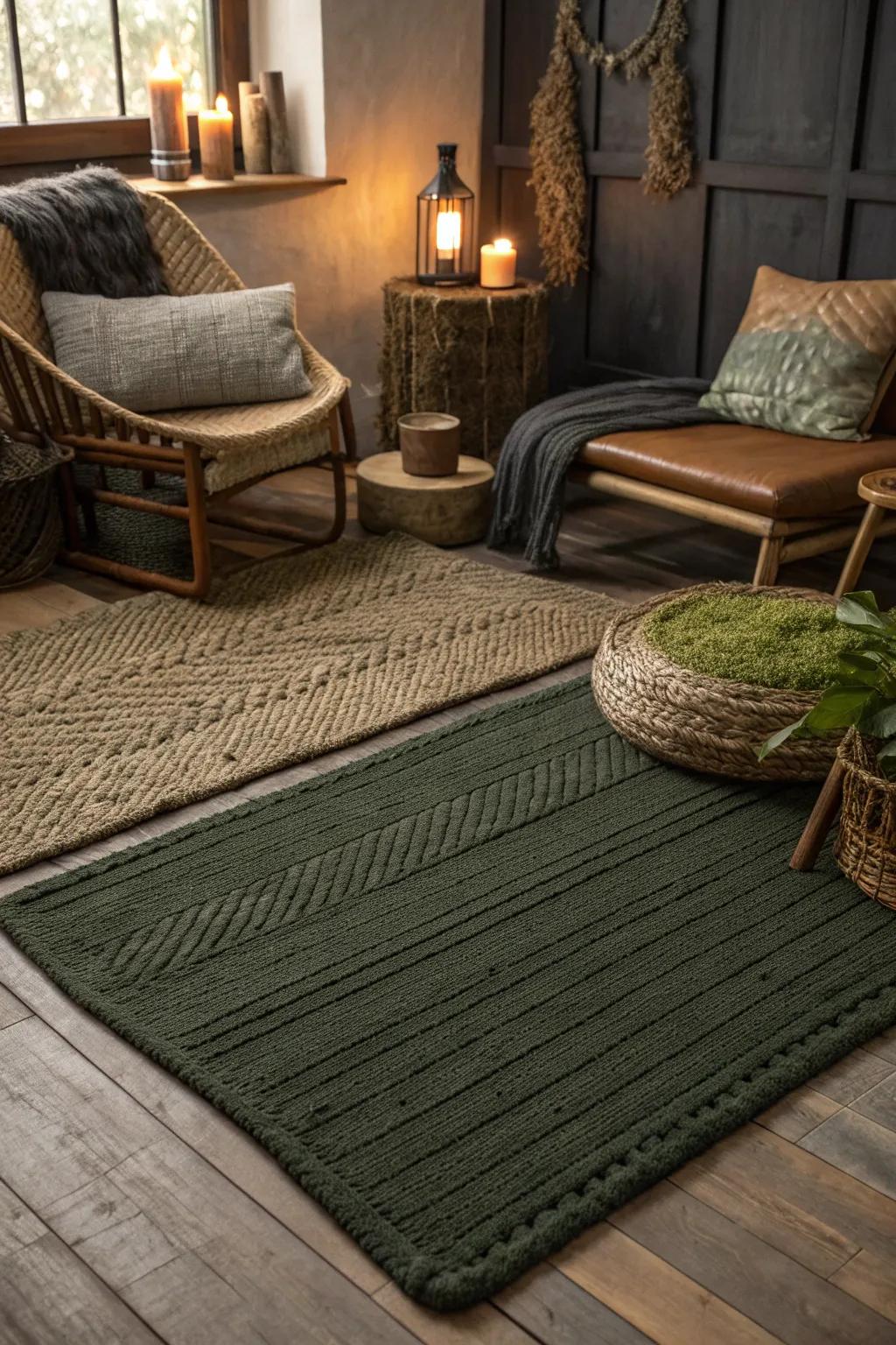 Layered rugs add depth and personality to any space. #LayeredRugs #InteriorInspiration #CozyHome
