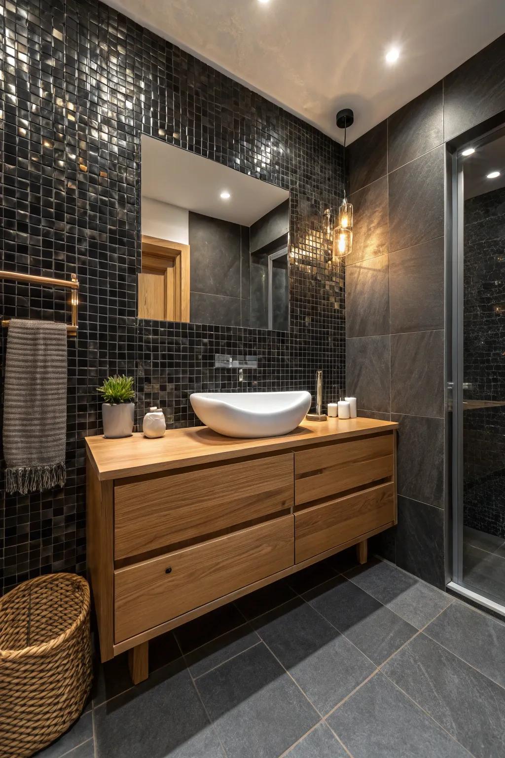 Go bold with black mosaics that redefine elegance and style. #BoldDesign #SophisticatedSpaces #BathroomInspo