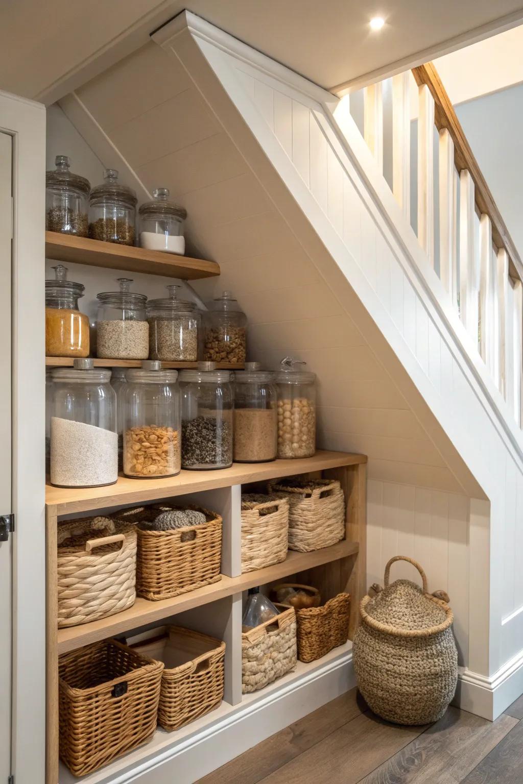 Organize with glass jars for a neat and aesthetically pleasing pantry.