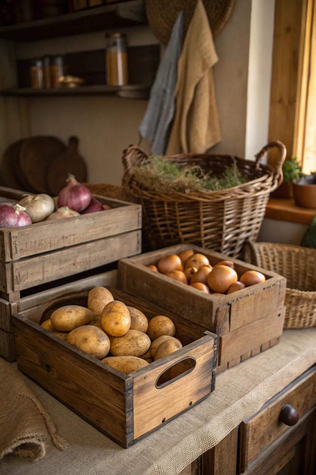 Add charm to your kitchen with vintage wooden box storage.