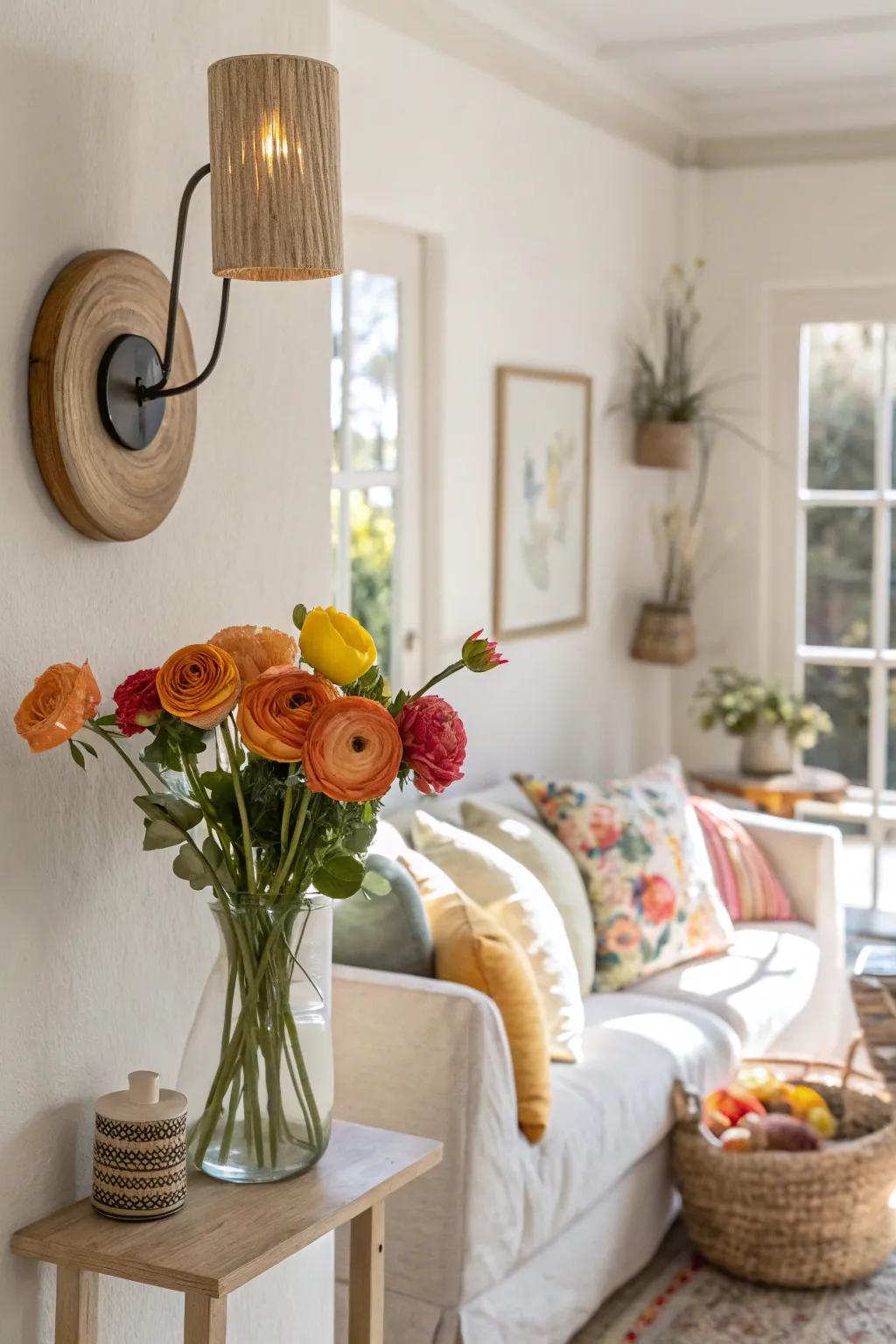 Elevate your decor with a vibrant wall sconce arrangement of ranunculus.
