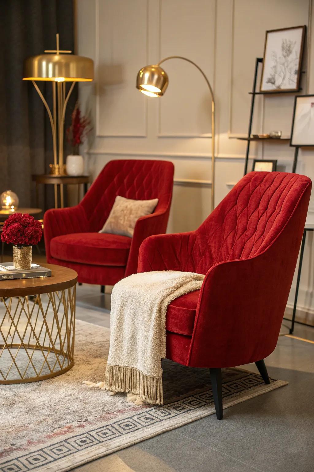 Bring dynamic contrast to your space with bold red accent chairs that make a statement.