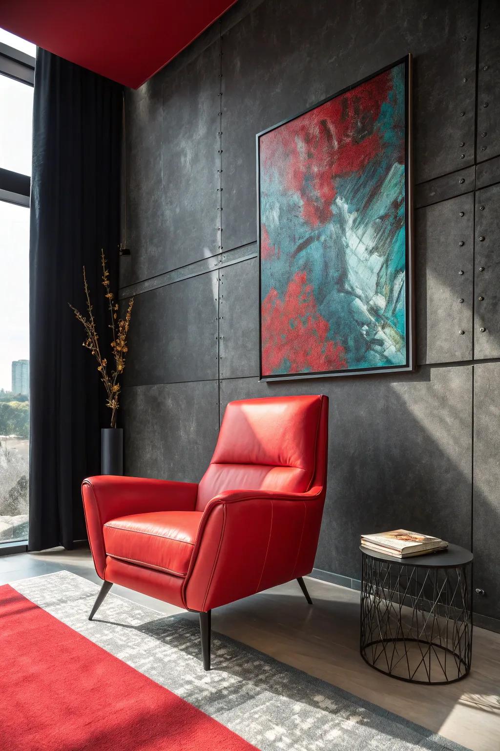 Sleek and vibrant: Minimalist furniture with red accents creates a clean and stylish look.