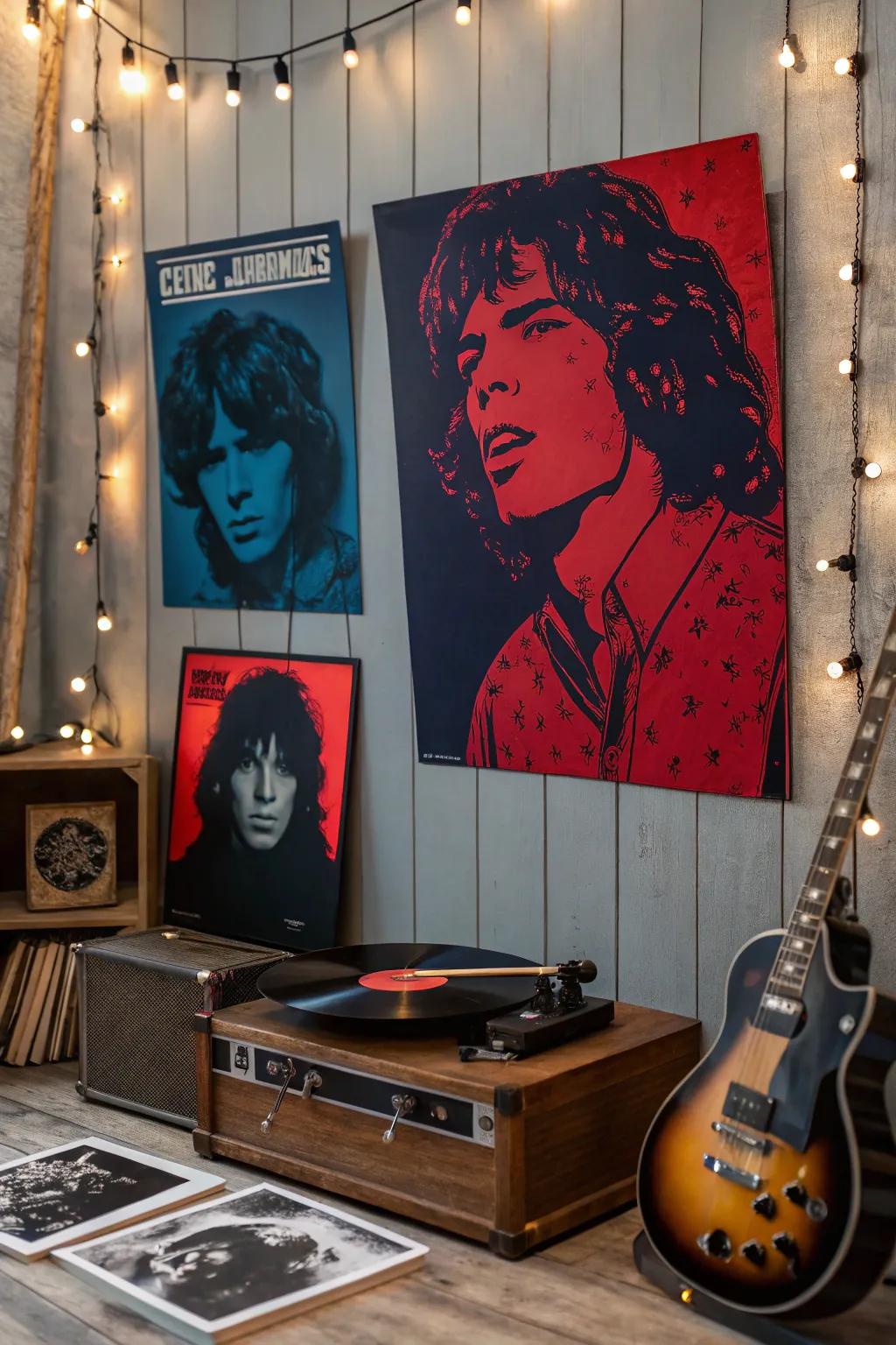 Turn back time with retro band posters that add a vintage vibe.