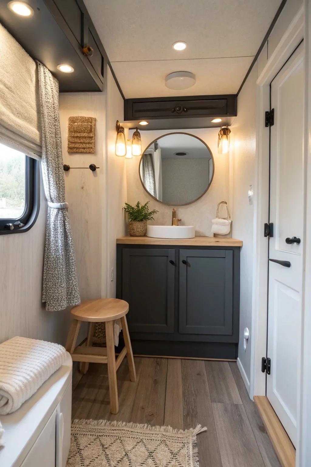 Dark and moody tones add drama and elegance, creating a striking contrast with lighter elements. #DarkDecor #MoodyInteriors #RVStyle