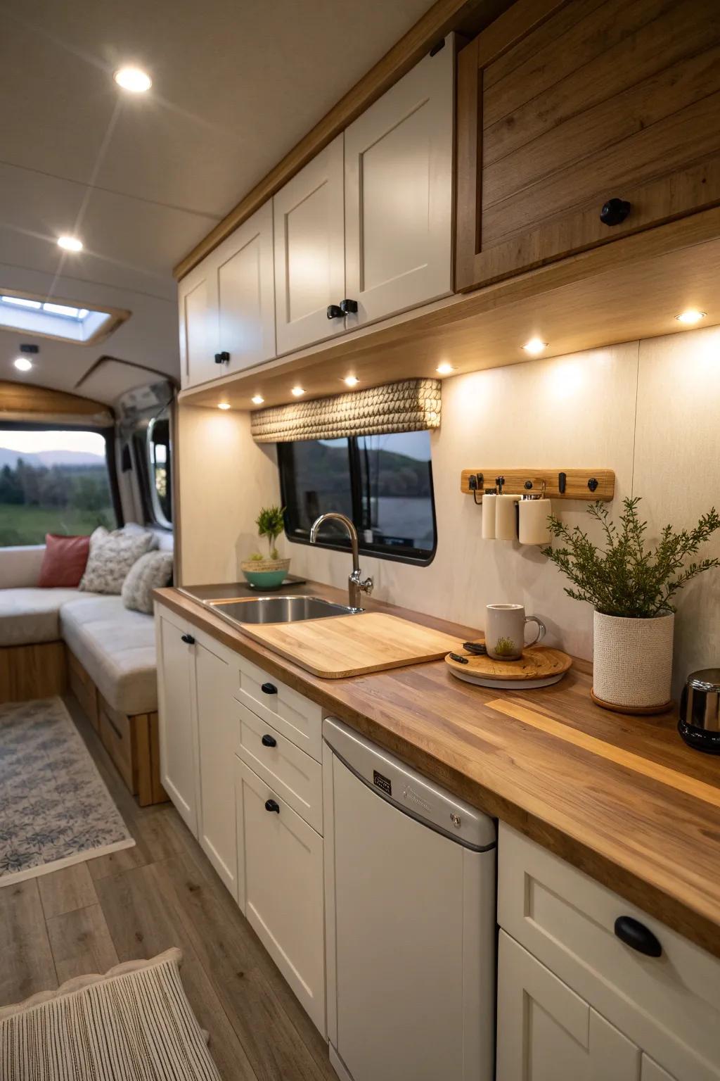 Cook up a storm with under-cabinet lights that brighten your RV kitchen workspace.