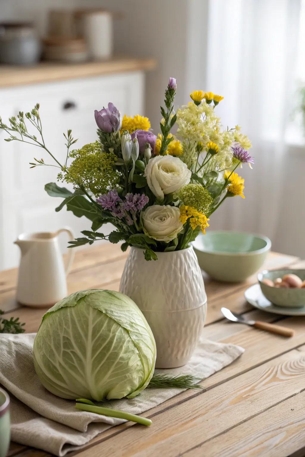 Delight your guests with a creative cabbage vase that adds a whimsical touch to your table.