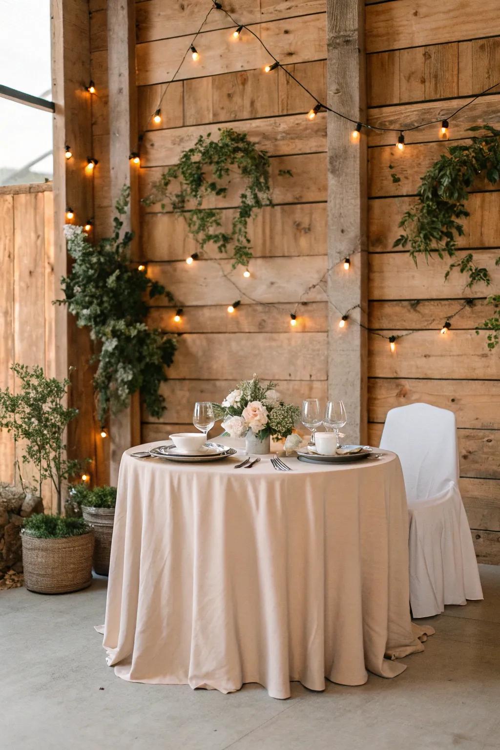 A rustic wooden backdrop adds charm and warmth, perfect for vintage-themed weddings.