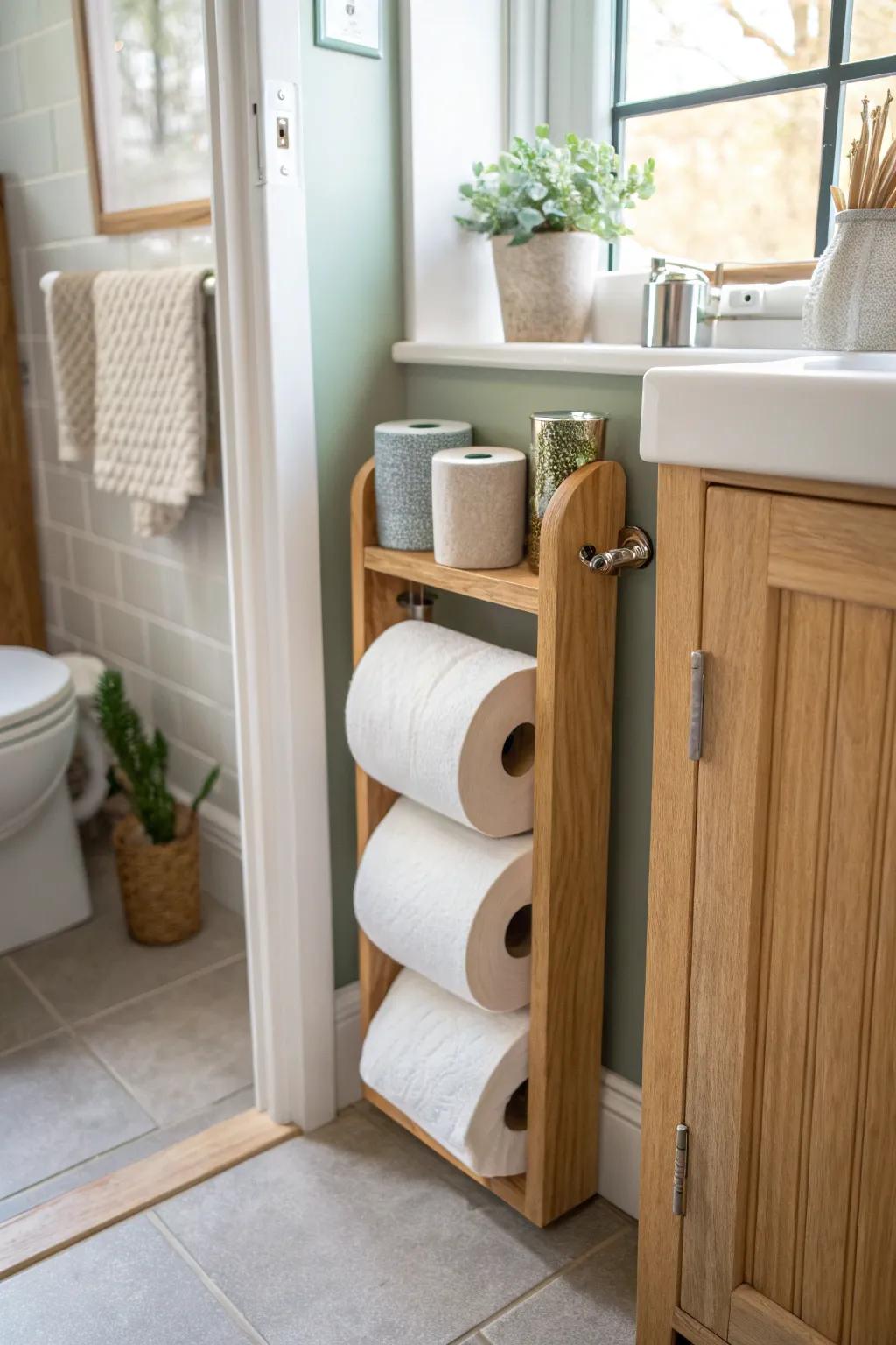 Maximize unused space with an over-the-door holder for a clutter-free bathroom.