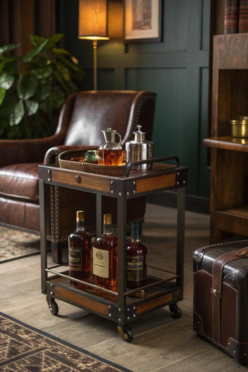 Mobility meets charm with a whiskey trolley, perfect for showcasing your collection to guests.