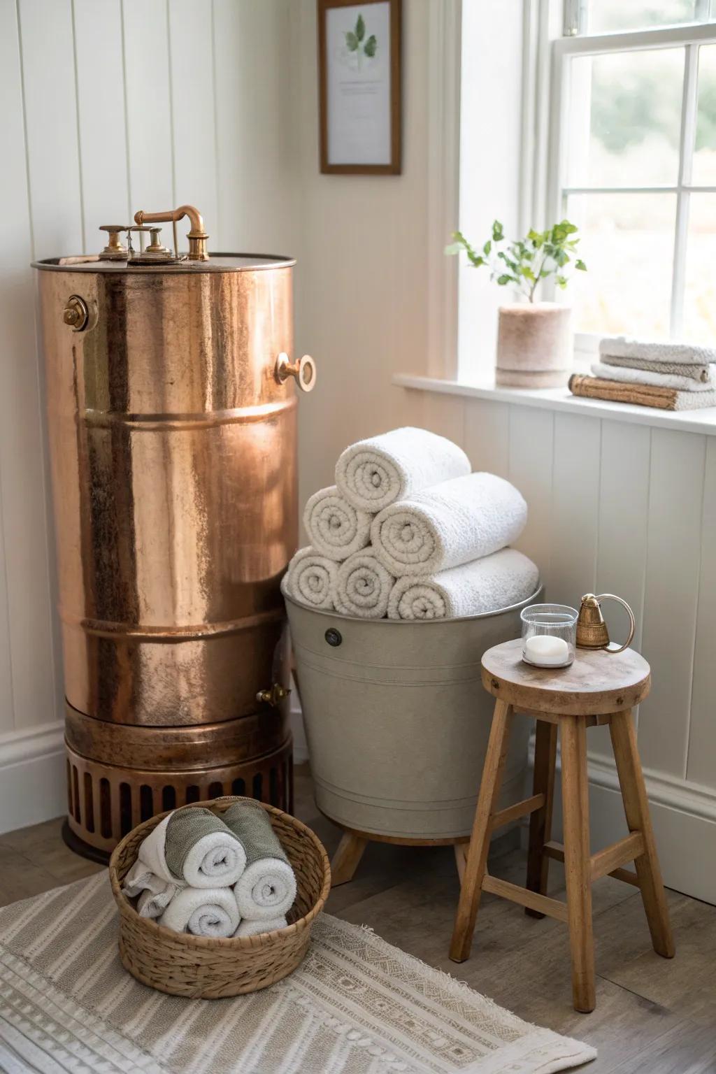 Organize in style with a copper boiler bathroom storage solution.