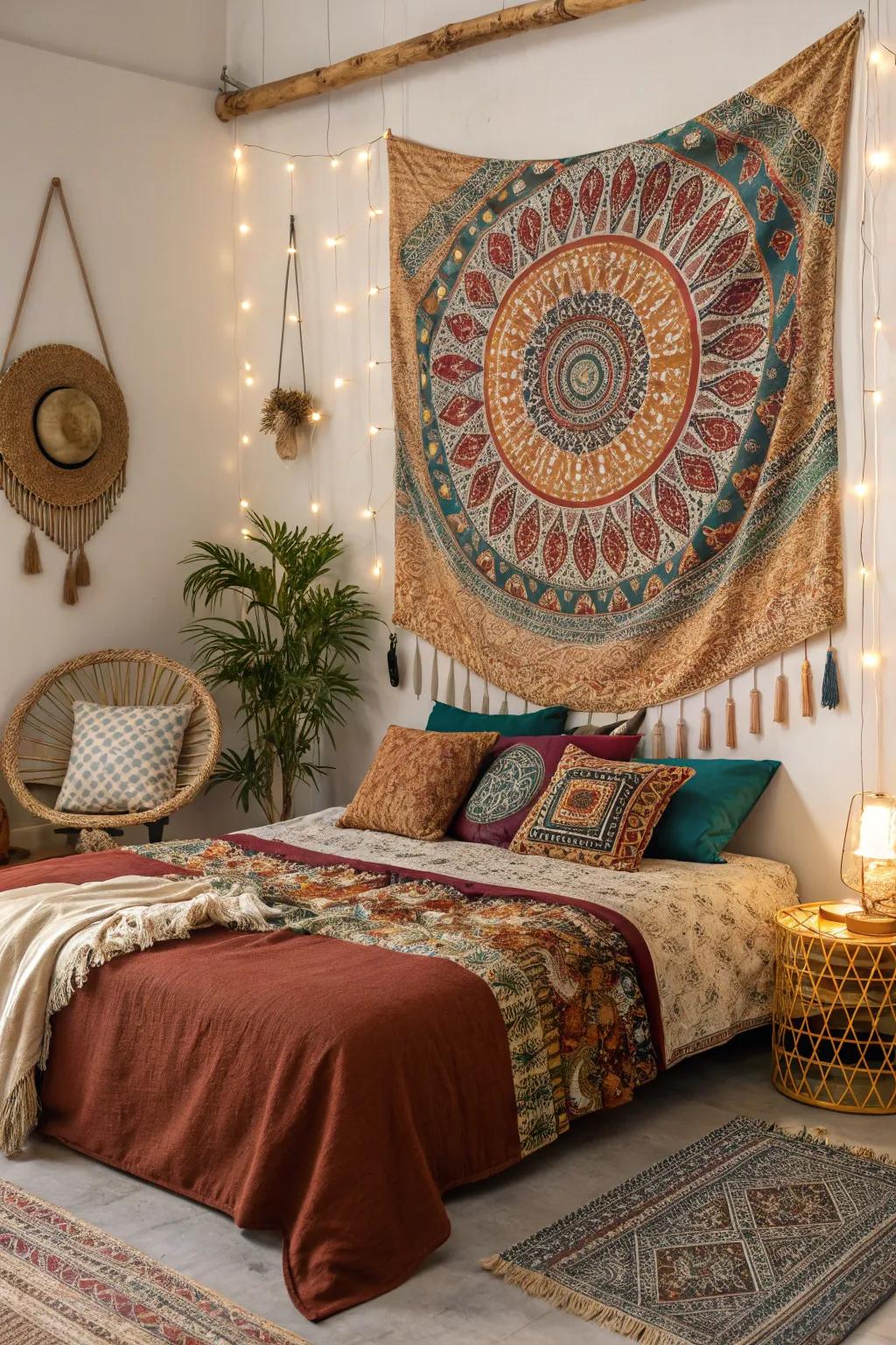Infuse bohemian charm for a laid-back yet artistic bedroom.