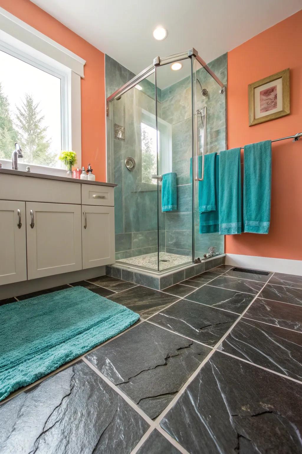 Highlight your slate floors with sleek glass shower enclosures for a modern, open bathroom.