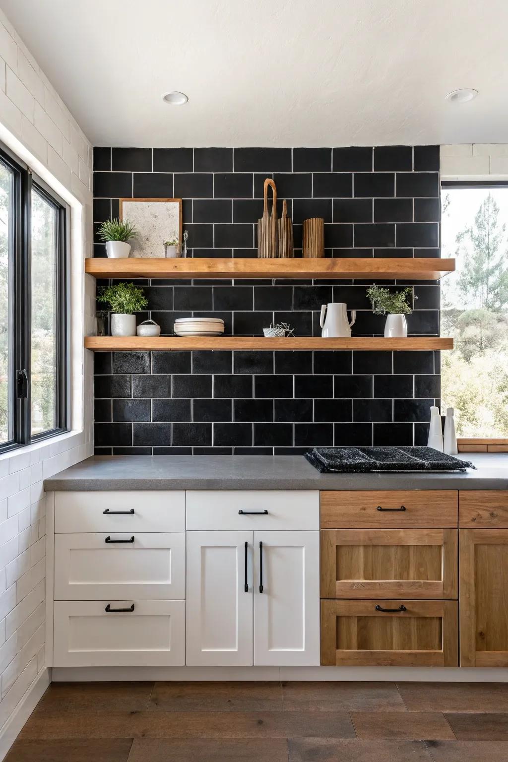 A two-tone backsplash creates a dramatic visual impact in this modern kitchen.