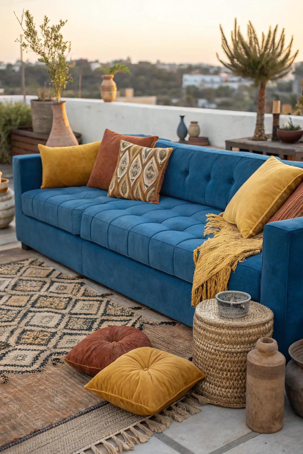 Earth tones paired with a blue sectional bring warmth and coziness to your living space.