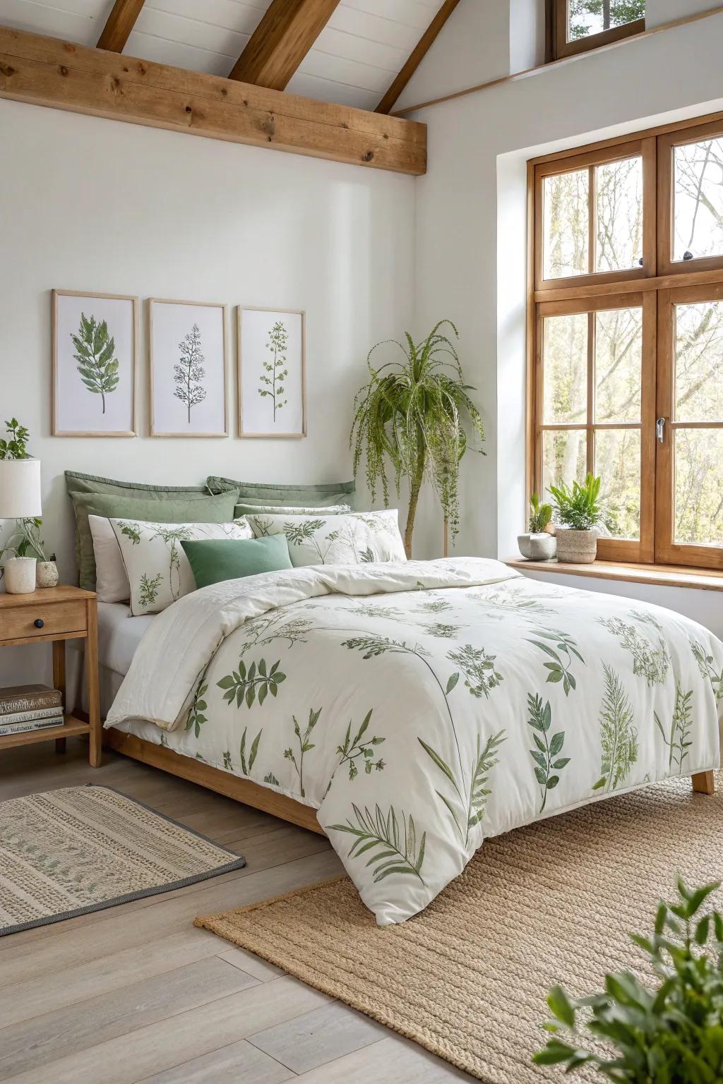 Botanical textiles bring vibrancy and comfort, weaving nature into every night's rest.