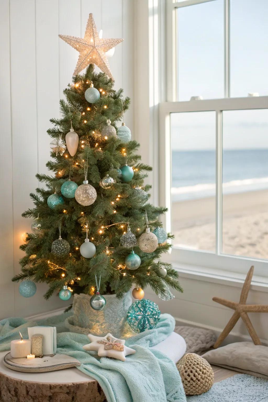 Sea glass ornaments add a shimmering touch that captures the essence of the sea.