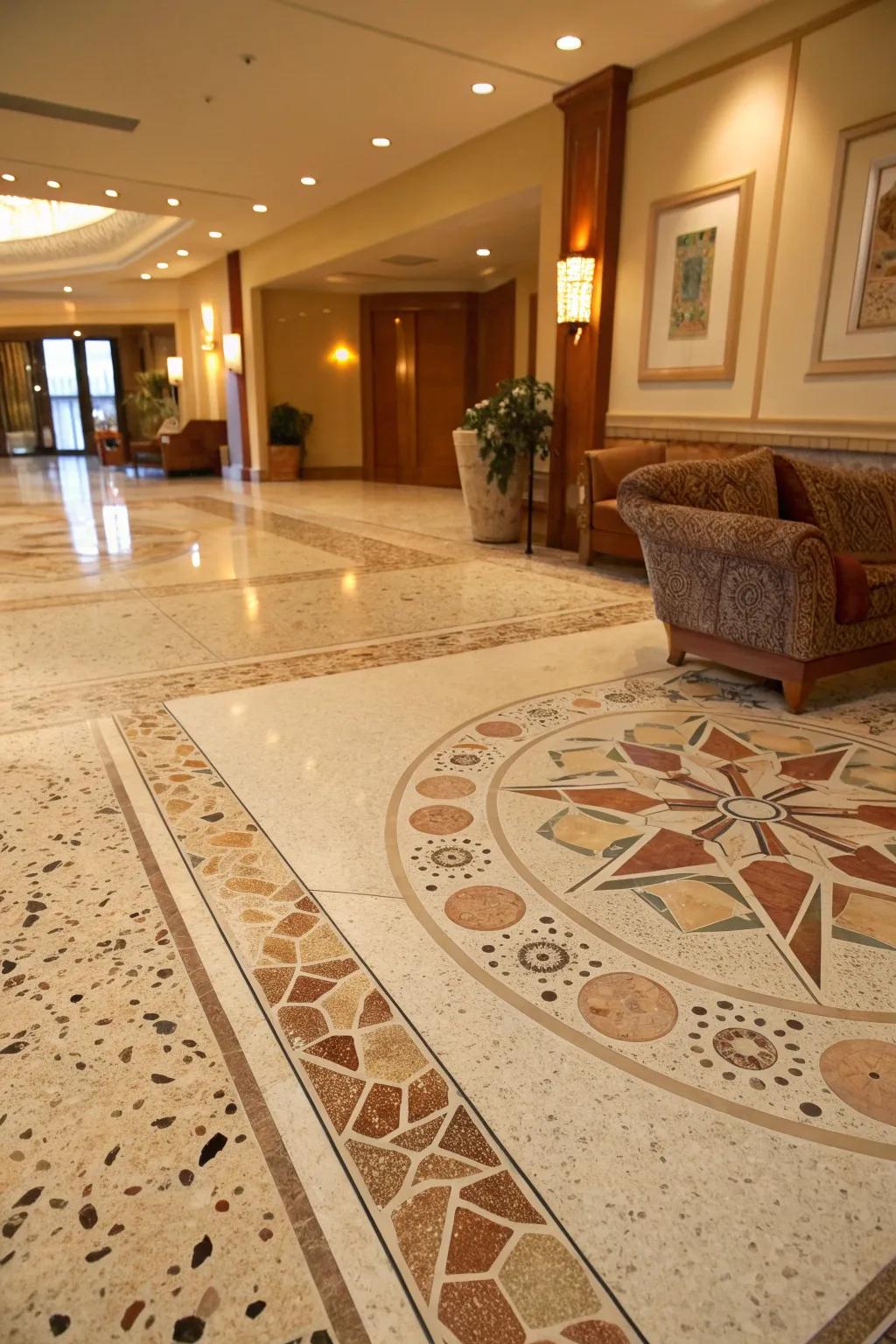 Terrazzo combines durability with elegance, perfect for high-traffic lobbies.