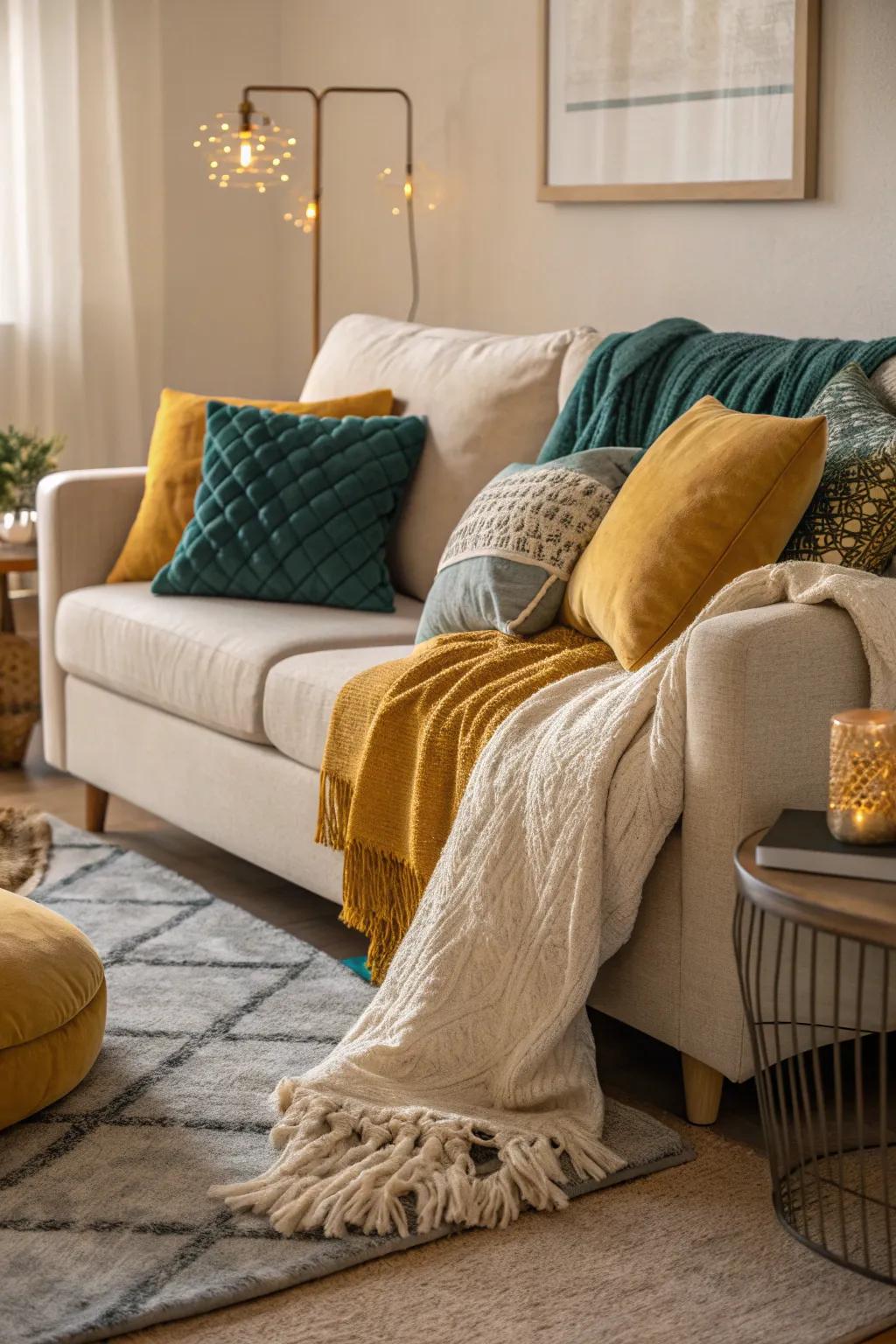 Add layers of texture and color with stylish throws and cushions. #TextureLover #ColorSplash