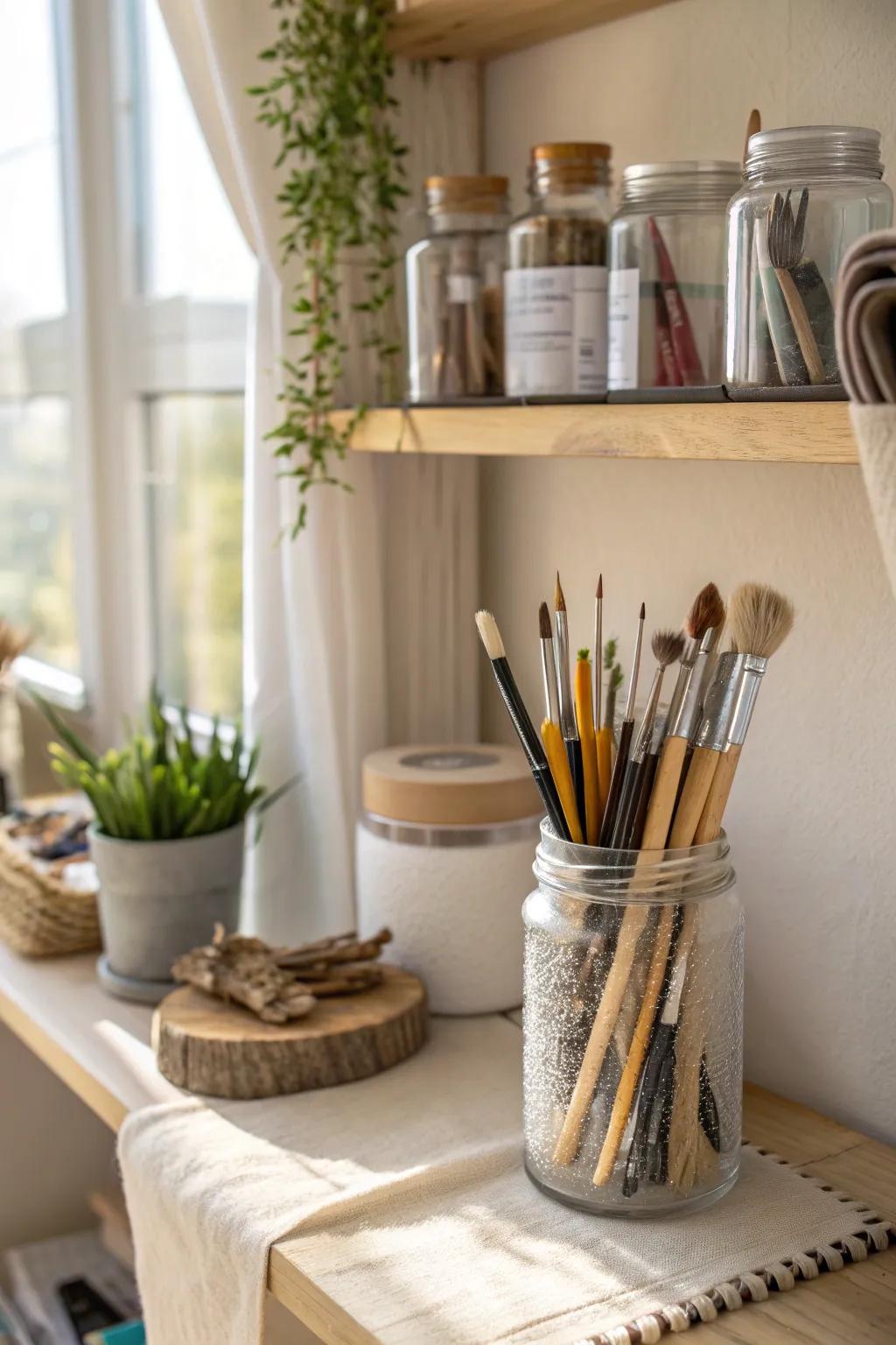 Keep your tools handy and organized with repurposed glass jars.