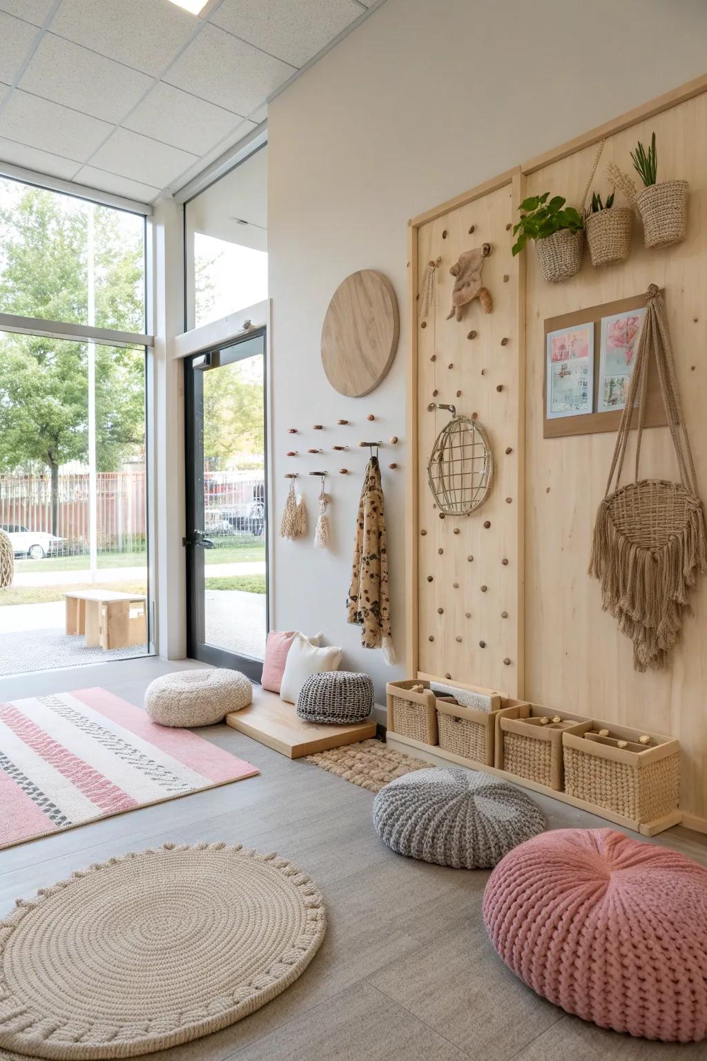A sensory wall adds a tactile dimension to the daycare entrance, sparking curiosity and fun.
