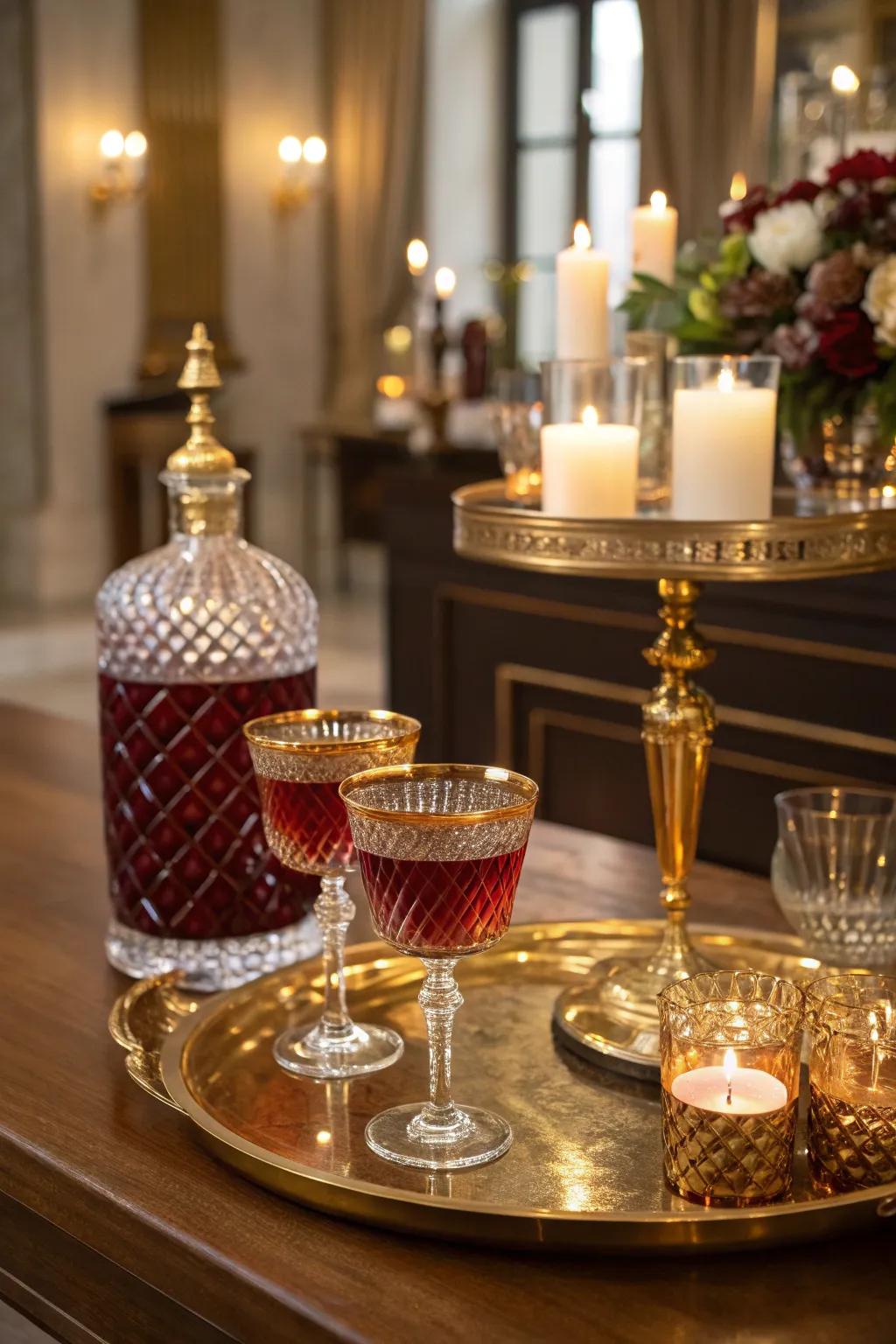 Elevate your event with a formal indoor drink display that exudes sophistication.