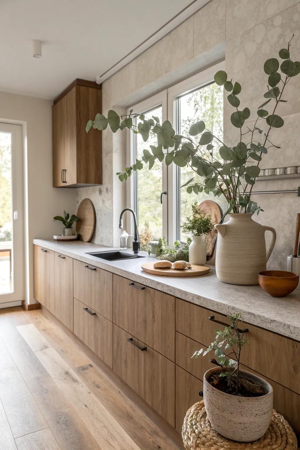 Create a kitchen rich with texture and depth through the clever use of natural materials that engage the senses.