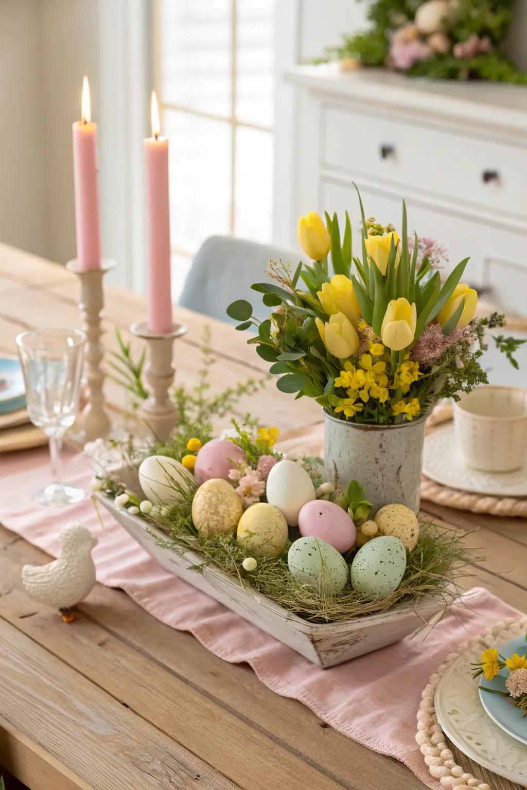 Set a calming Easter scene with a pastel palette that exudes timeless elegance.