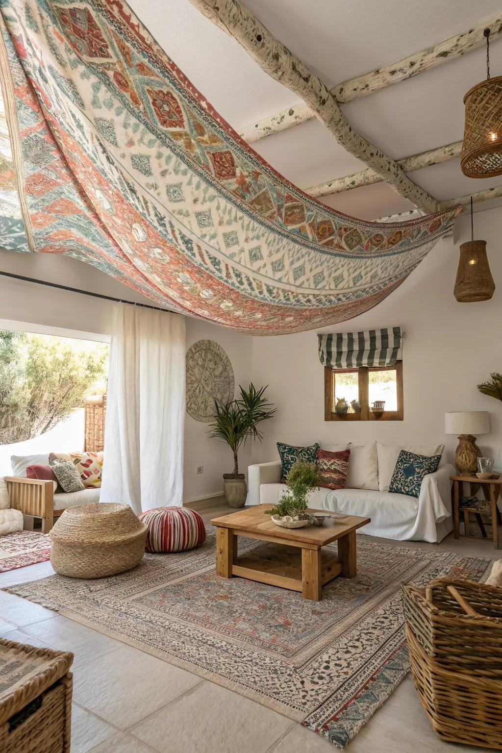 Express your bohemian spirit with vibrant ceiling drapes that add character and style. 🌺 #BohemianDecor #ExpressYourself