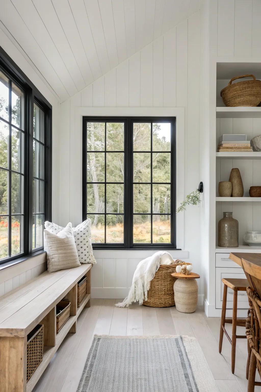 Black trims create a striking contrast, bringing a modern edge to classic farmhouse style.