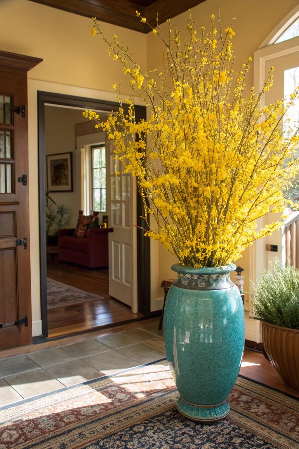 Elevate your decor with a classic forsythia arrangement in a ceramic urn.