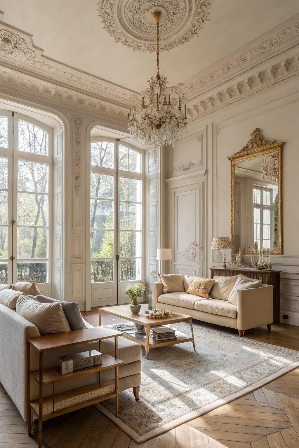 Maximize natural light with high ceilings and grand windows for an airy, open feel.