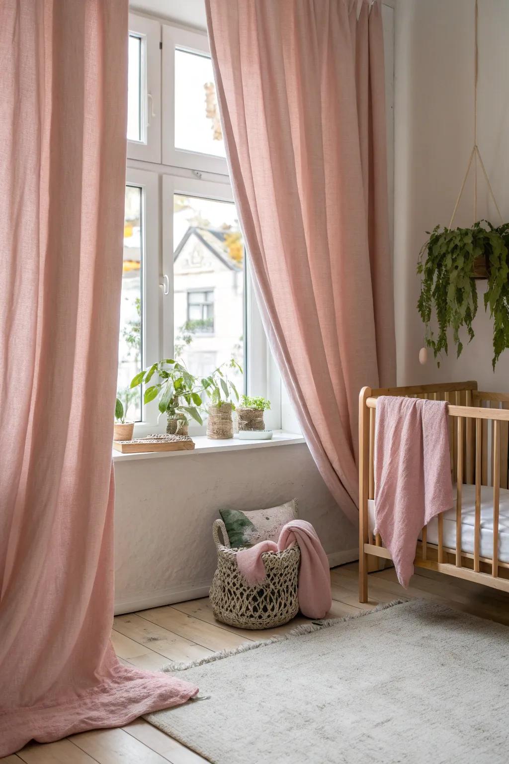 Soft pink curtains filter the light beautifully, adding warmth and elegance to the nursery.