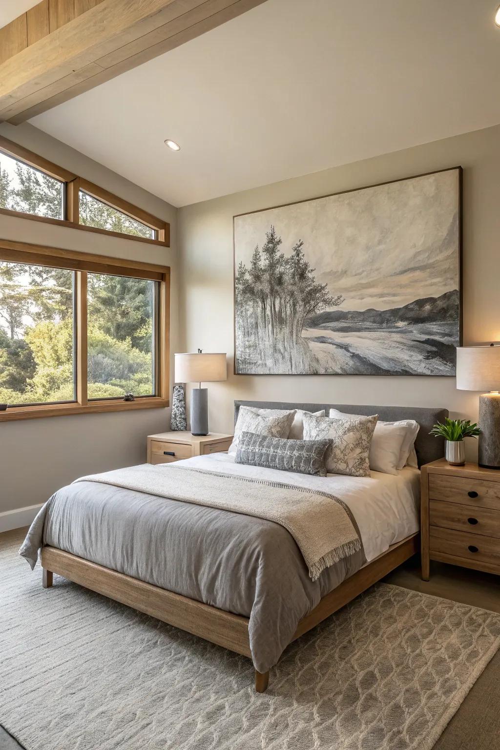 Let your walls speak with statement art that complements the serene palette of grey and cream.