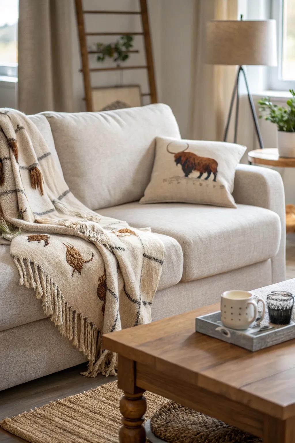 Introduce subtle patterns that whisper the highland cow theme into your decor.