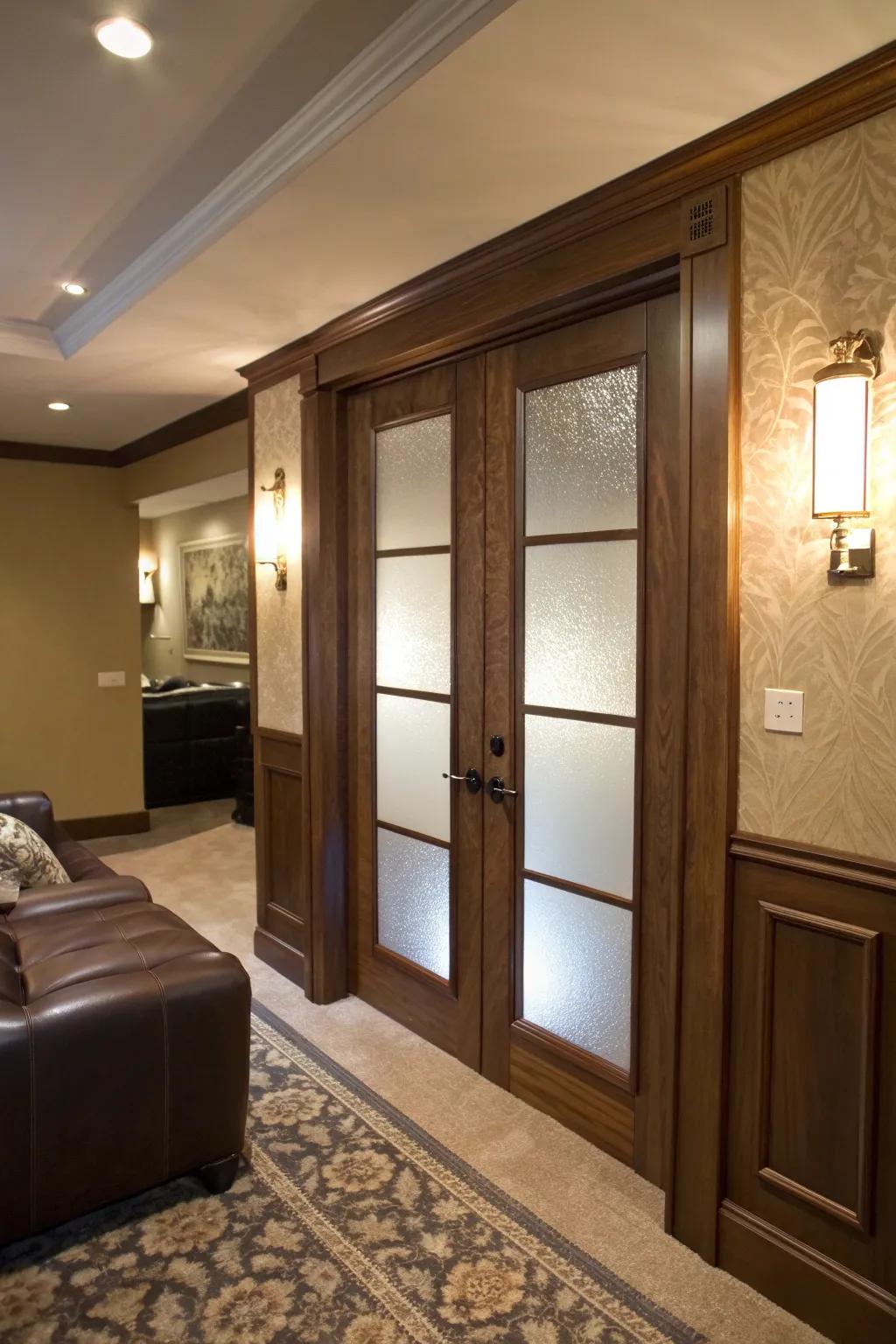 Let mystery and elegance guide the way with frosted glass panels that reveal just enough.
