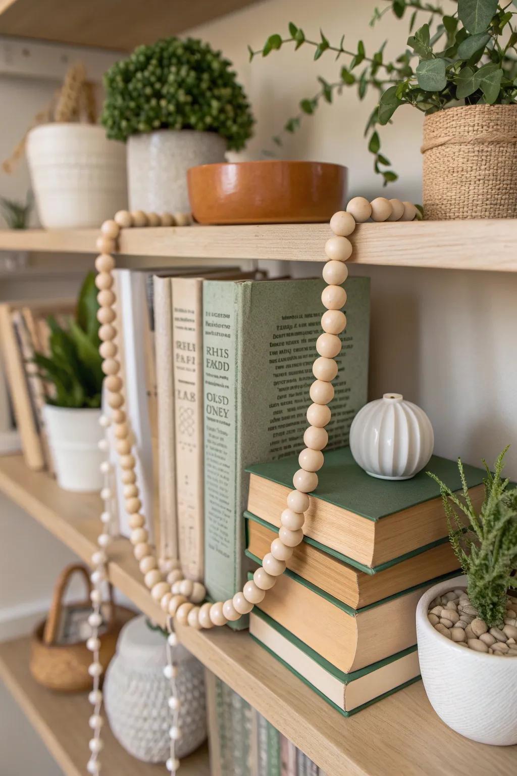 Add a touch of whimsy to your bookshelf with wooden bead garlands draped among your favorite books.