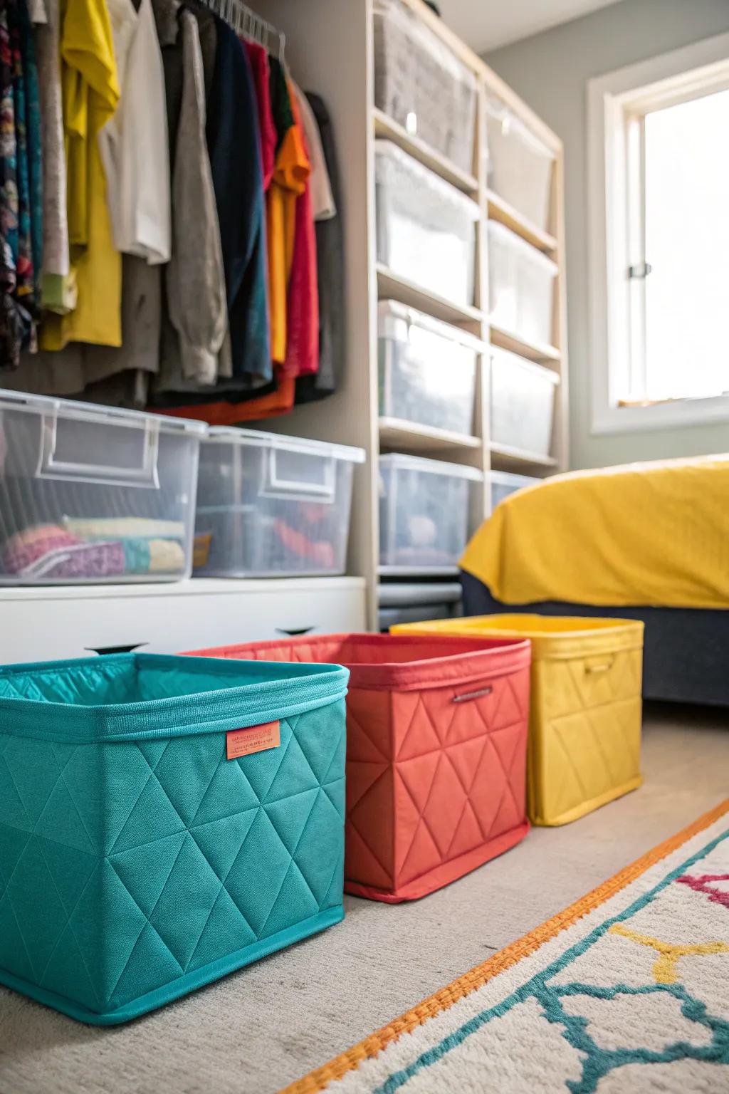 Under-bed storage provides a hidden haven for seasonal items, freeing up precious closet space.