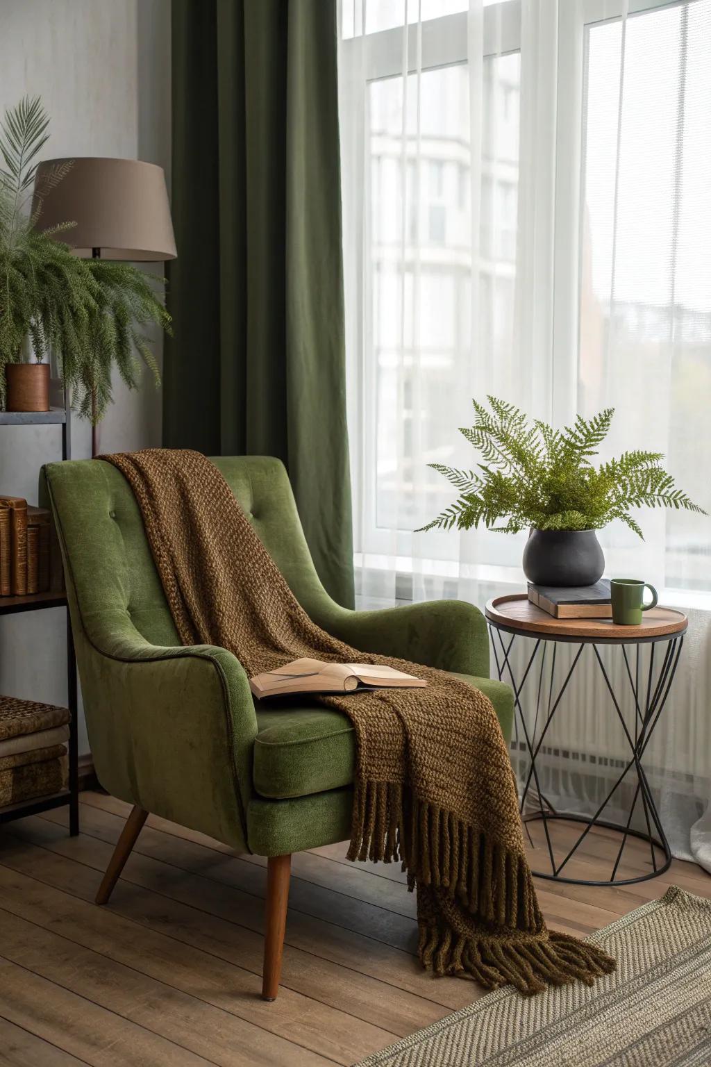 Escape into nature's embrace with a palette that brings the serene forest indoors.