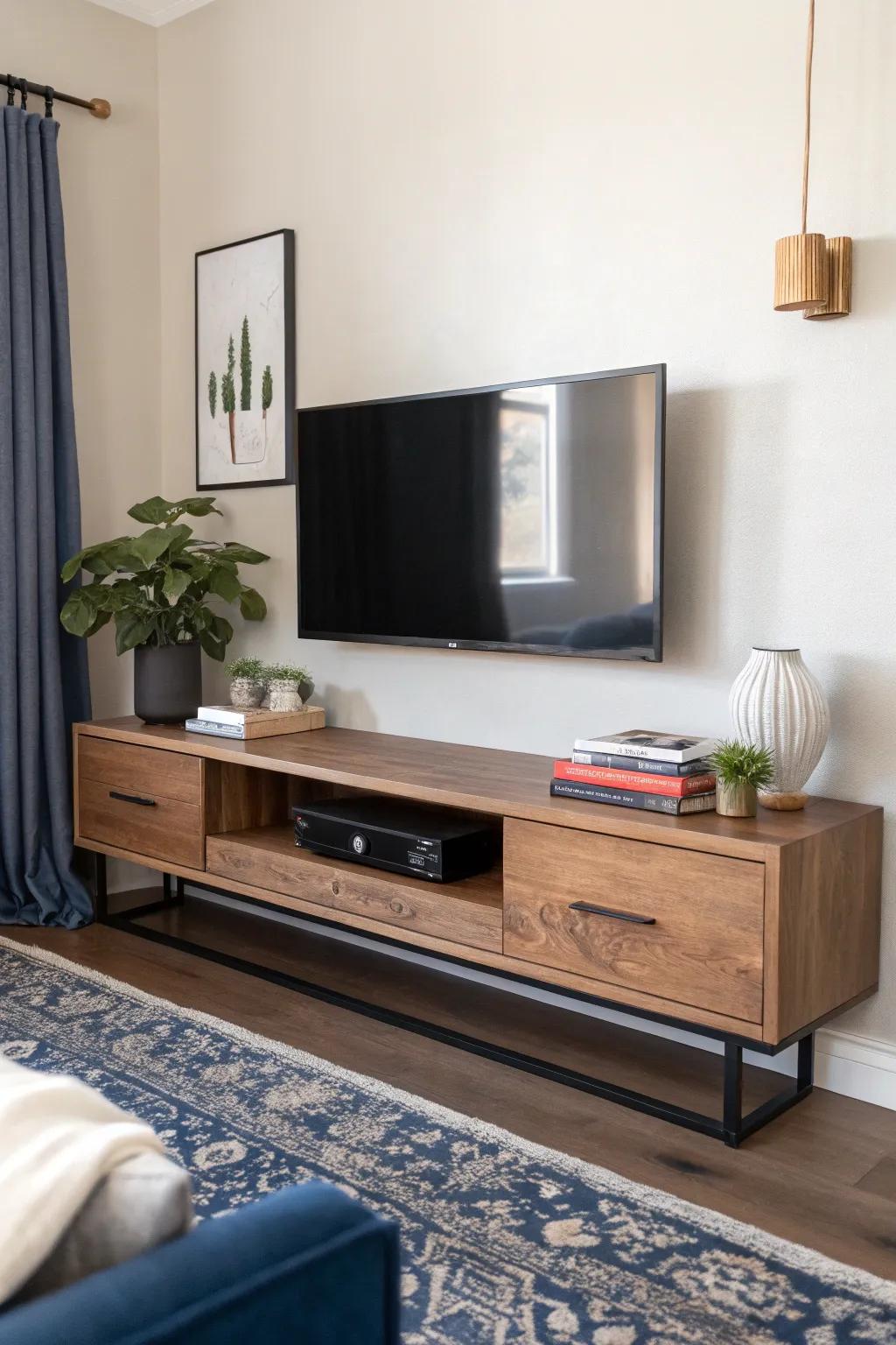 Achieve a modern vibe with a floating console that keeps your space tidy and chic.