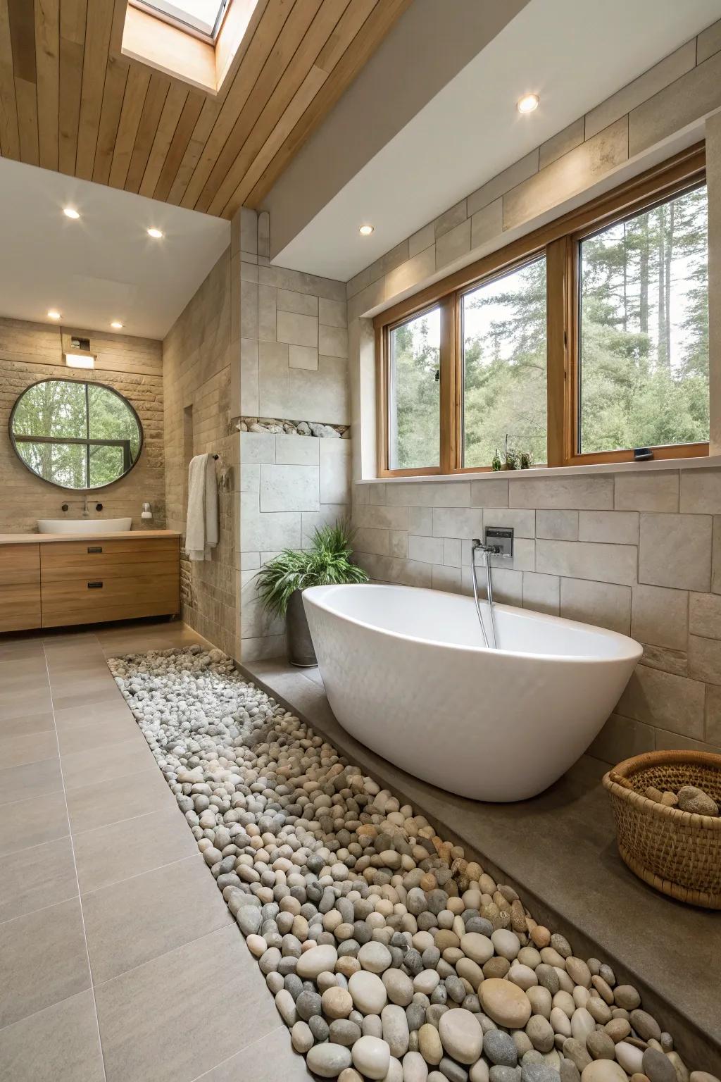 Add a touch of texture with elegant pebble borders that complement your bathroom decor.